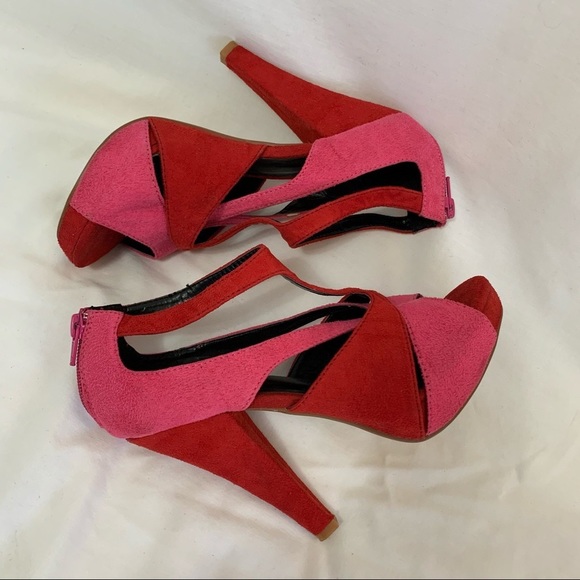 Liliana Red suede red pink straps hidden platform heel sandals duo tone peep toe - Picture 16 of 16